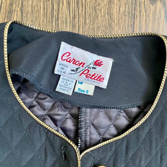 Caron Petite Vintage Quilted Jacket Black Gold Trim Button Front Cropped USA - Picture 2 of 7